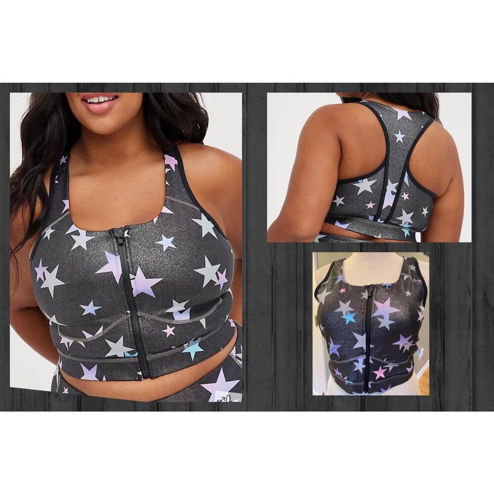 New Torrid 0 (0X) Zip Front Longline Low Impact Star Gray Shine Gym‎ Sports Bra